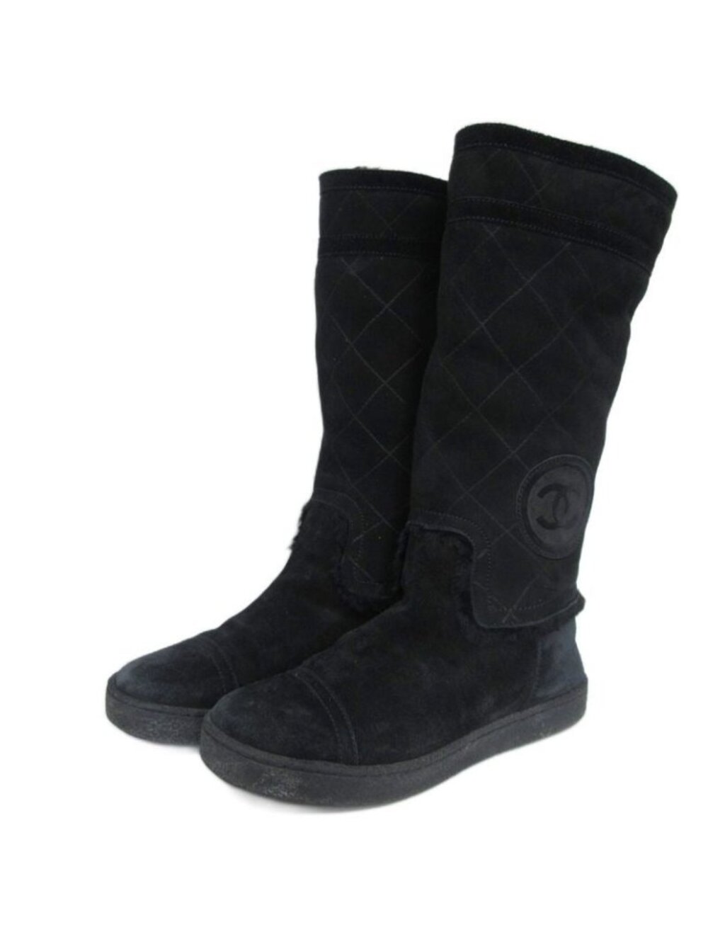 Chanel Quilted Mouton Long Boots Coco Mark Leather 35 Black - Picture 2 of 9